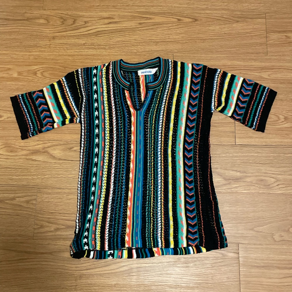 Rare 1970's Hand Knit Pandora Multicolor Striped Short Sleeve Top- MINT!
